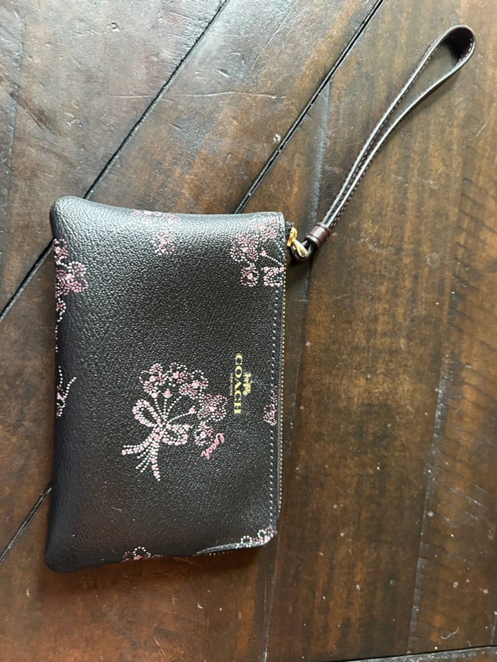 Coach Black Wristlet with Ribbon Bouquet Floral Bow Print